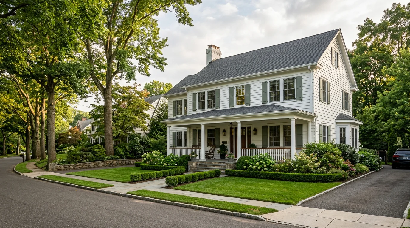 Illustrative tree-lined New Jersey neighborhood home