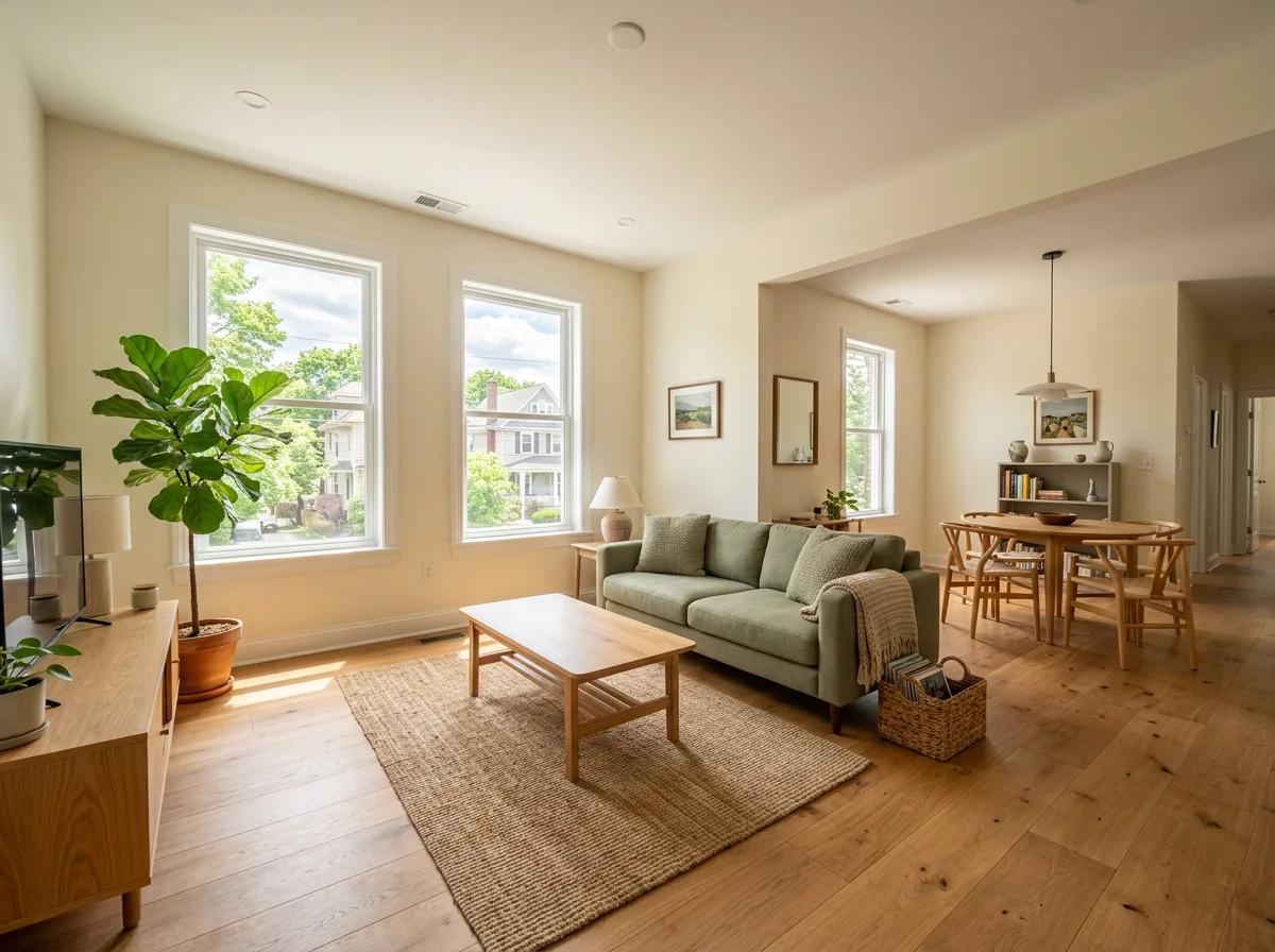 Illustrative bright apartment with oak floors and natural light